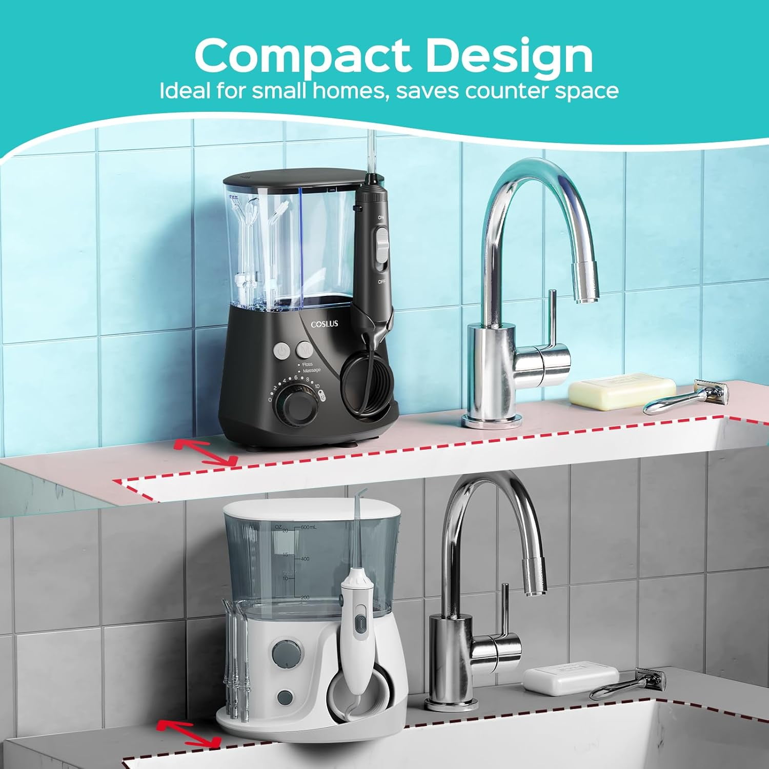 COSLUS Water Flosser for Teeth,Water Dental Flosser Pick for Teeth,Upgrade 2 Modes & 12 Pressure Settings,600ML,5 Jet Tips for Multiple Users,Black