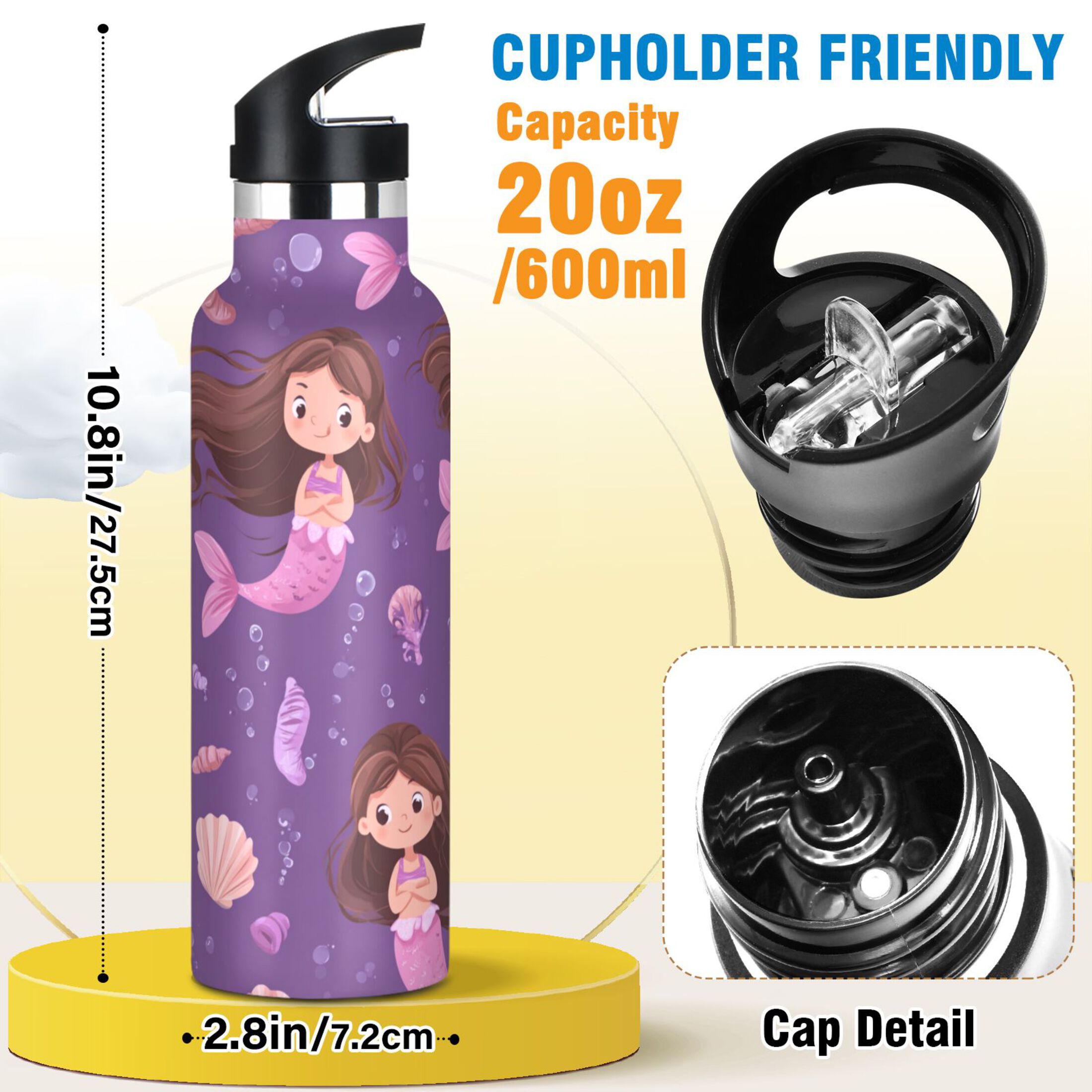 Kids Insulated Stainless Steel Sports Water Bottle 600ml (20oz) Cute Pink Mermaids