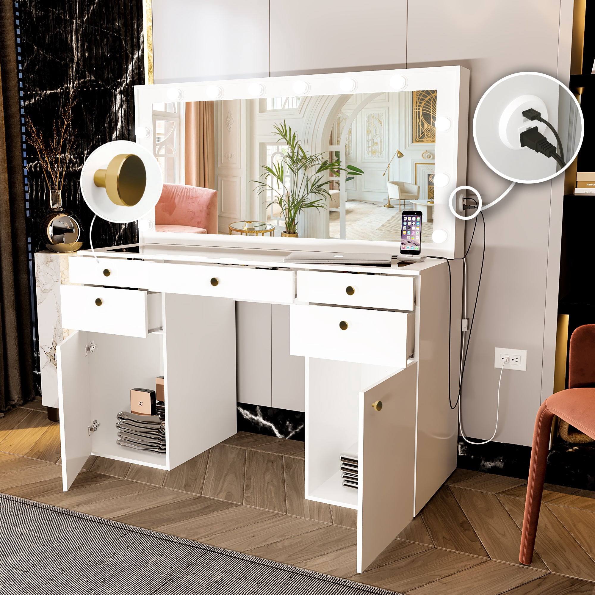 Ember Interiors Big Makeup Vanity for Bedroom with Mirror, Built-in Lights, 7 Drawers, Golden Knobs, White