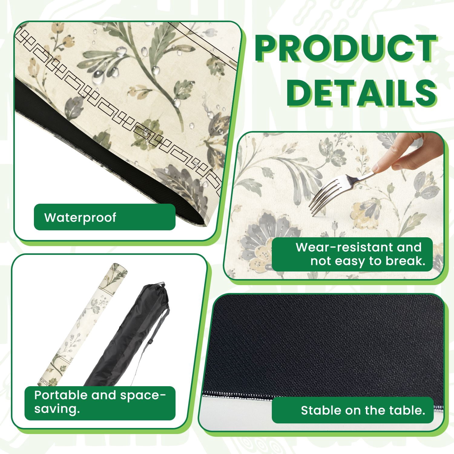 Mahjong Mat 31.5" x 31.5" Vintage Floral Botanical Soft Green Mustard Yellow Gray Watercolor Non-Slip Noise Reduction American Mahjong Tiles Table Cover for Dominoes Poker Card Board Games Gift