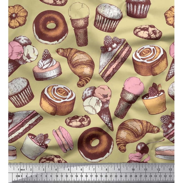 Soimoi Polyester Crepe Fabric Cupcake,Donut & Cookies Food Print Fabric by The Yard 42 Inch Wide