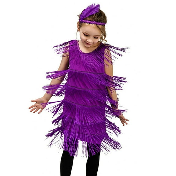 Girls Dresses Flapper Dress Sequins Fringe Latin Dance Dress Tassel Tango Dress Ballroom With Feather Headband Tween Girls Dresses