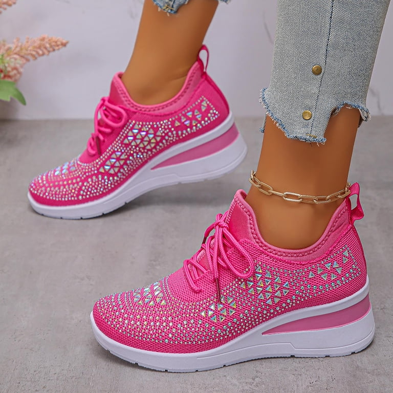 Pandaie Women's Fashion Sneakers Rhinestone Platform Wedge Casual Walking Shoes Breathable Sequin Slip on Wedding Bride Dress Shoes Pink 6
