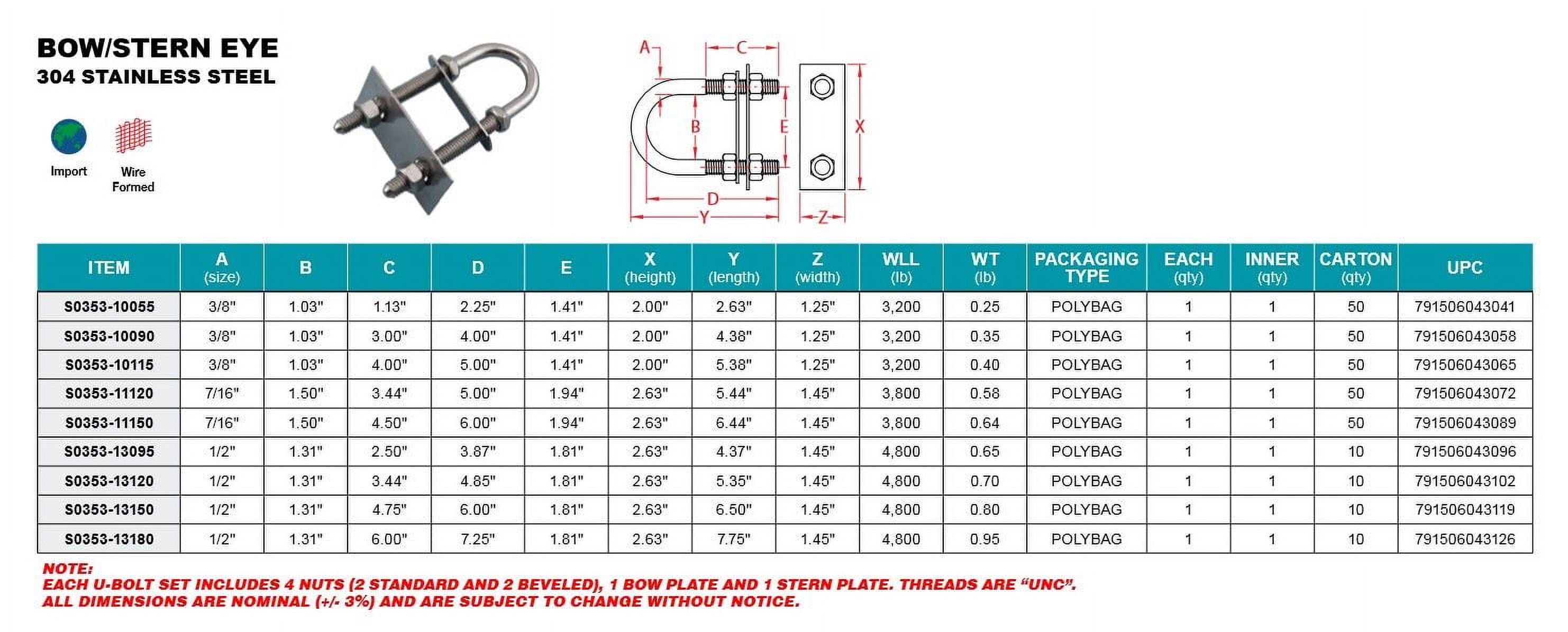 BOW STERN EYE U BOLT 304 STAINLESS STEEL 7/16" x 4-3/4" (S0353-11120)
