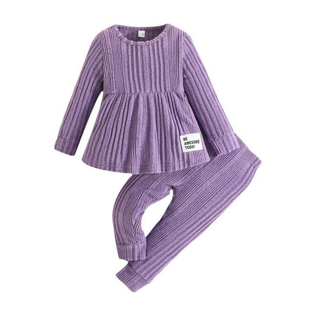 

YDOJG Outfit Set for Toddler Boys Girls Top Round Neck Doll Pants Solid Color Two Piece Set Casual Everything Fashion Baby Autumn Winter Purple 6-9 Months