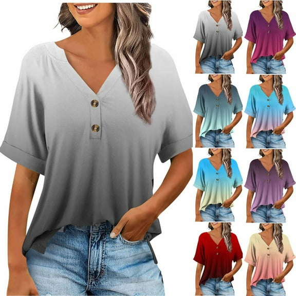 Olyvenn Women's Gradient Tops Summer Trendy 2025 Dressy Casual Bloues Loose Fit Half Sleeve Buttons V Neck Tshirts Shirts Black S