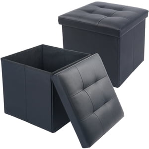 LotFancy Faux Leather Storage Ottoman Cube, Black (2-Pack)