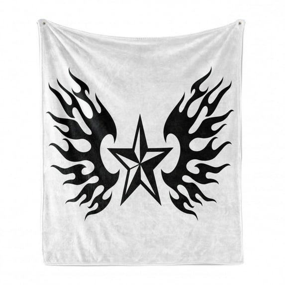 Texas Star Soft Flannel Fleece Blanket, United States of America Themed Star and Flames Silhouette Abstract Design, Cozy Plush for Indoor and Outdoor Use, 60" x 80", Black and White, by Ambesonne