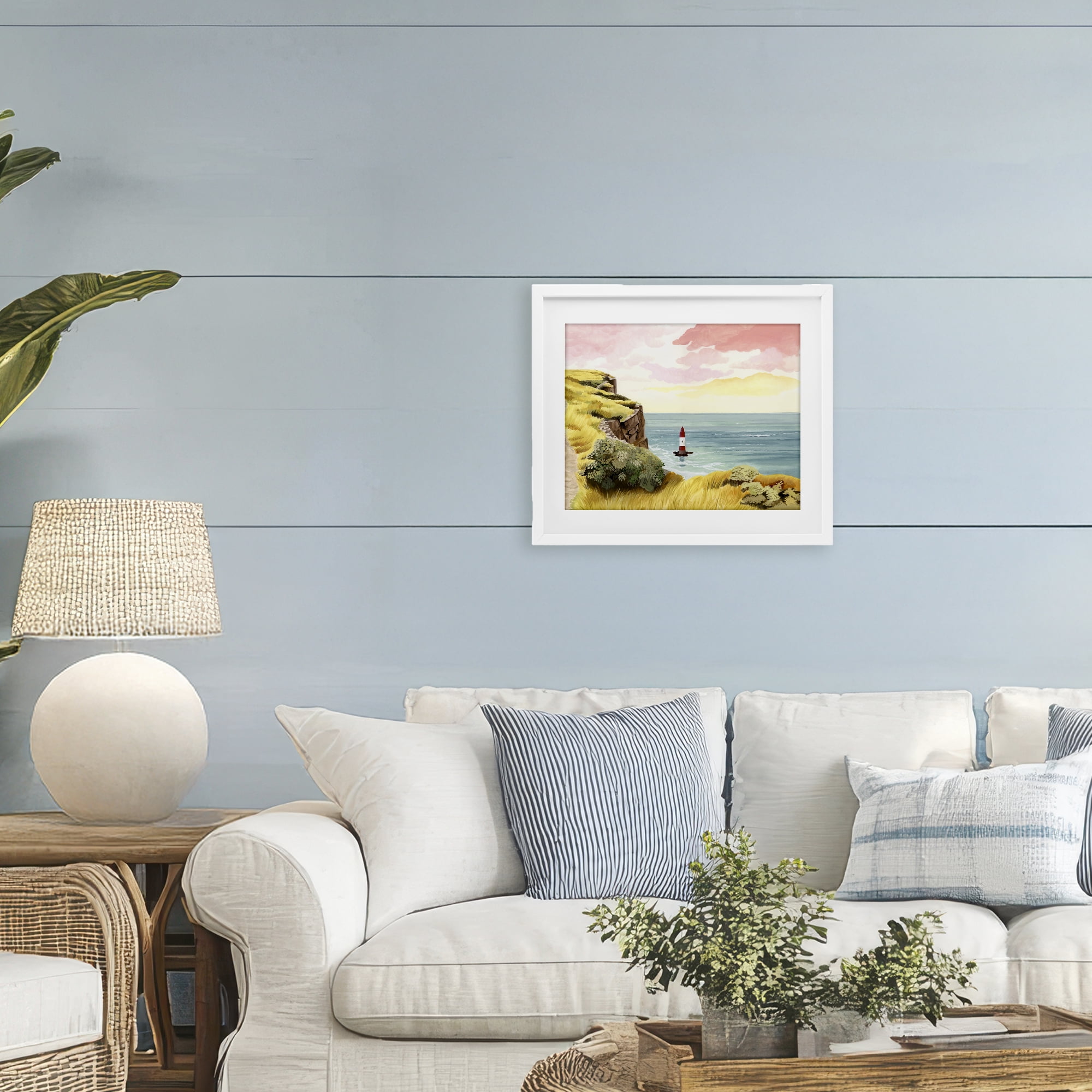 Beachy Head Lone Lighthouse White Framed Print Under Glass, design by Courtney Haley