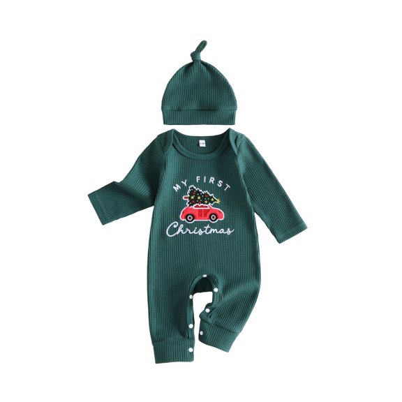 RUINIXCW Baby Christmas Outfit Letter Truck Embroidery Long Sleeve Romper and Hat
