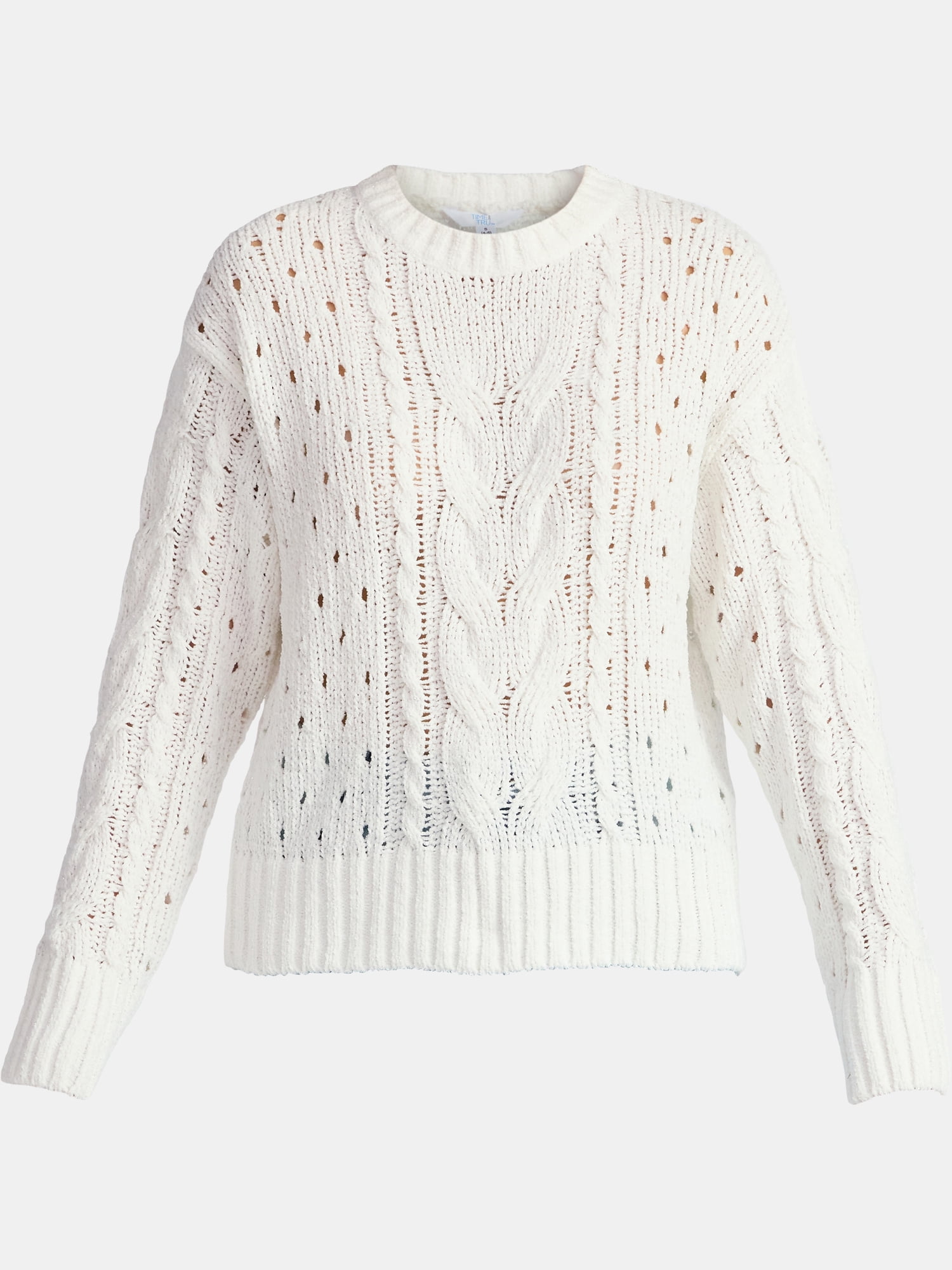 Time and Tru Women's Cable Knit Pullover Sweater with Long Sleeves, Midweight, Sizes XS-XXXL