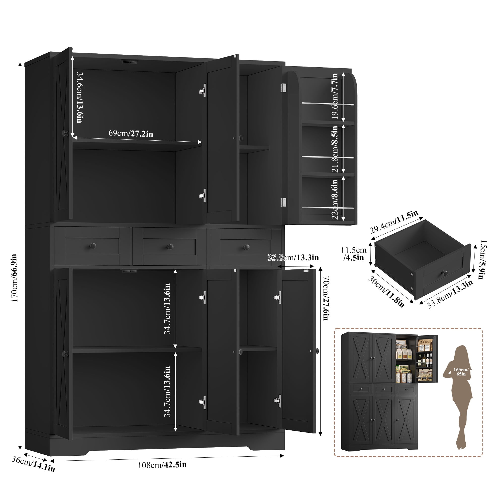 Hiphuta 67" Tall Farmhouse Kitchen Pantry Storage Cabinet with Door Shelves, 43" Wide Large Cupboard Hutch with 3 Drawers, Black