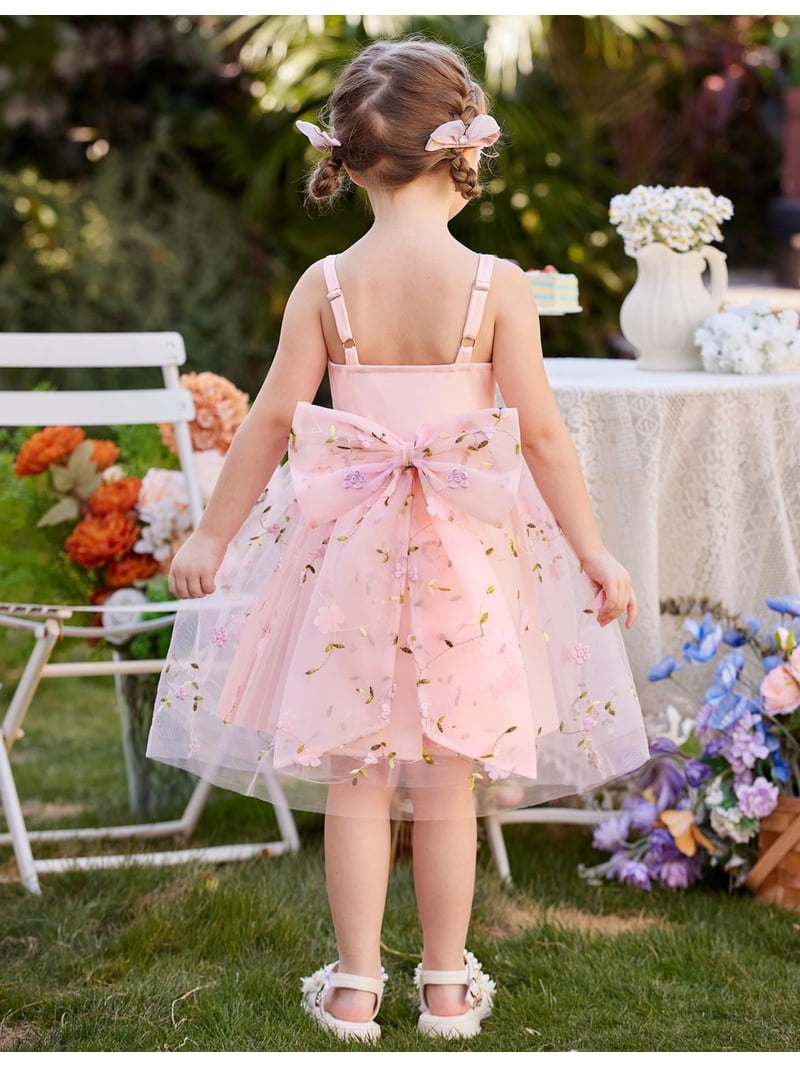Oudiya Toddler Girls Summer Tulle Dress Bowknot Tutu Embroidery Dresses Birthday Princess Formal Summer Outfit, 1-8T