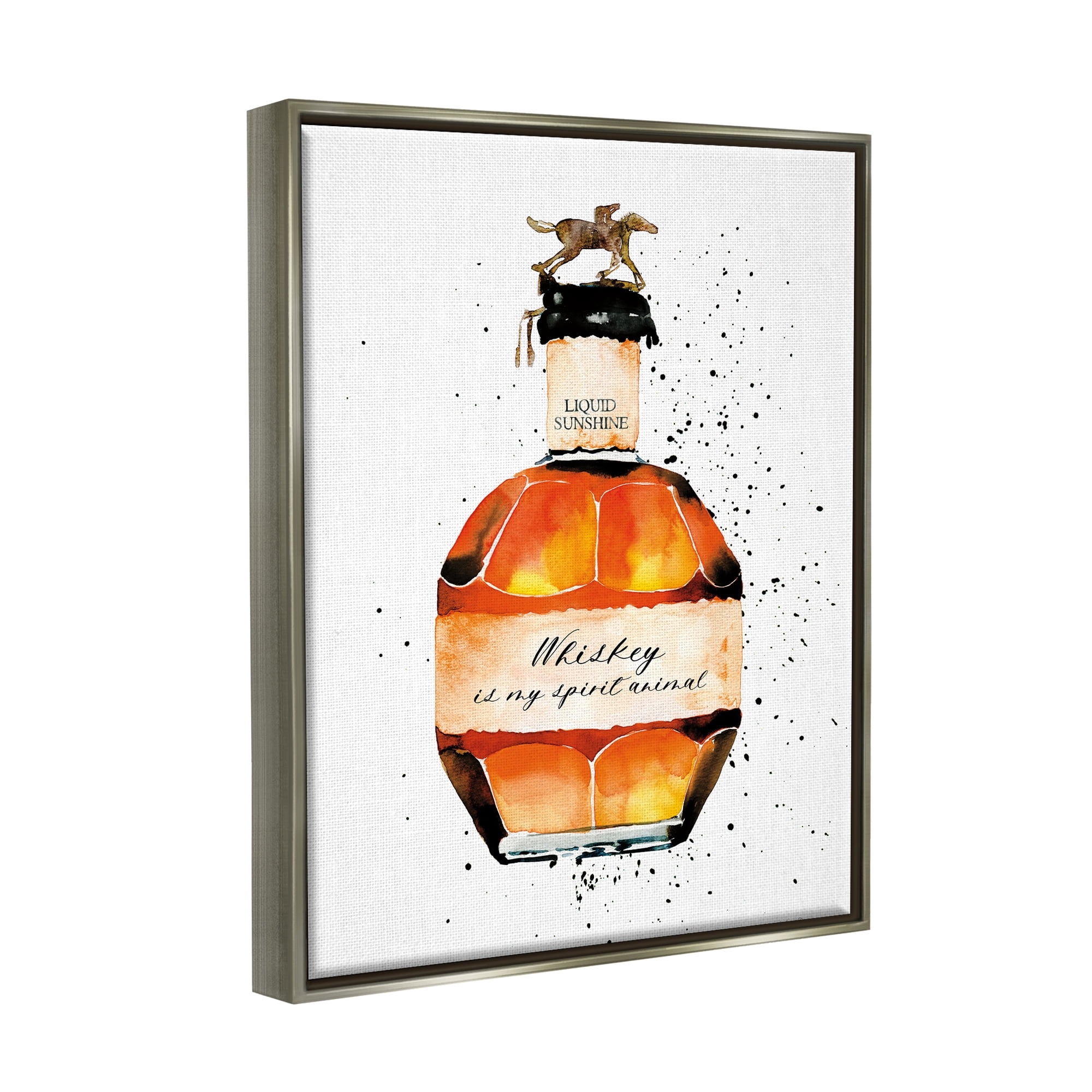 Stupell Industries Whiskey is My Spirit Animal Quote Liquor Bottle Luster Gray Framed Floating Canvas Wall Art, 24x30, by Mercedes Lopez Charro