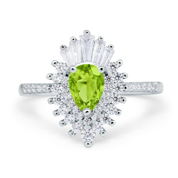 Pear Engagement Ring Baguette Simulated Peridot CZ 925 Sterling Silver Size 5