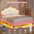 thumbnail image 6 of Full Size Bed with LED Lights,Pink Princess Girl Bed Frame with Adjustable Headboard, Velvet Upholstered Platform Bed with Princess Crown, Solid Wood Slats Support, ,Bedroom&nbsp;Furniture, 6 of 9