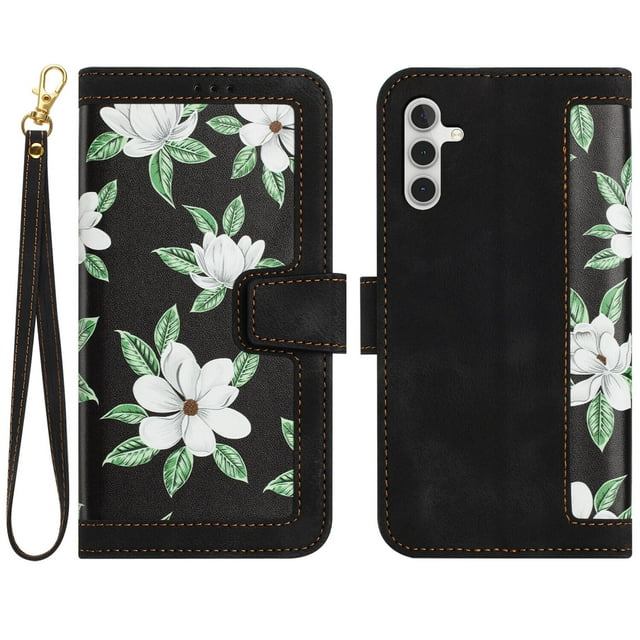 Compatible with Samsung Galaxy A34 5G Vintage Flower Wallet Case Magnetic Closure Cover with Card Slots