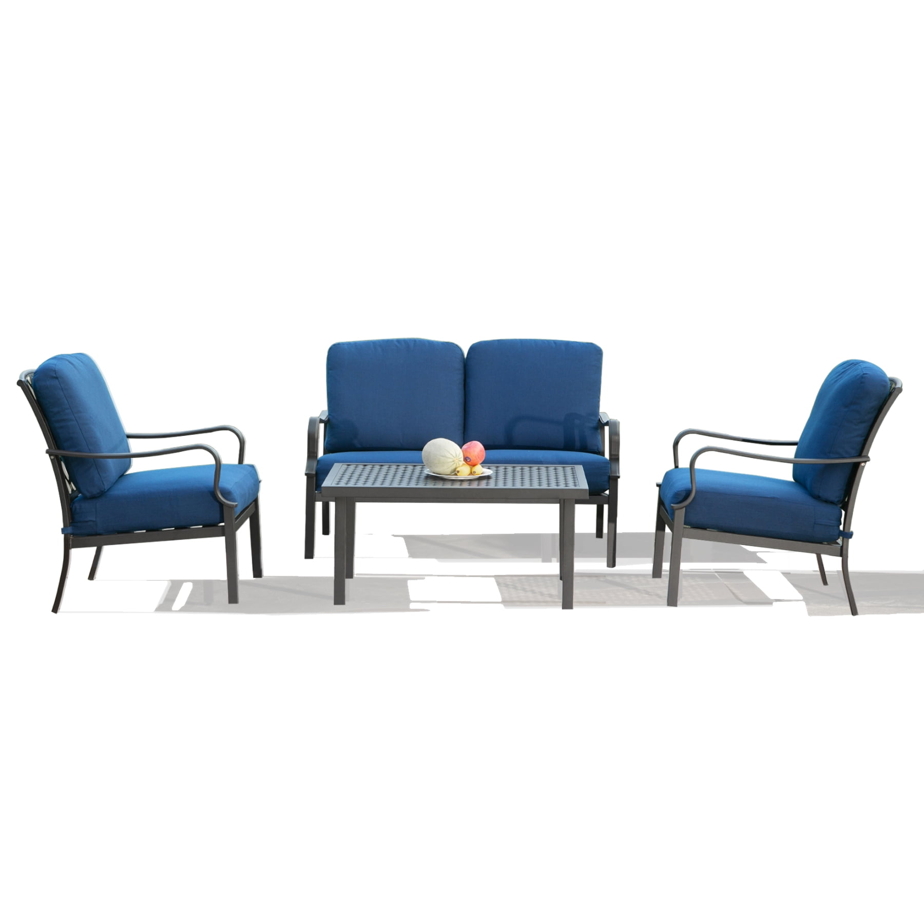 Domi Patio Conversation Set of 4, Cushioned Outdoor Furniture Sets with All Weather Galvanized Steel Frame (Spring Coil Seat Cushion) -Blue
