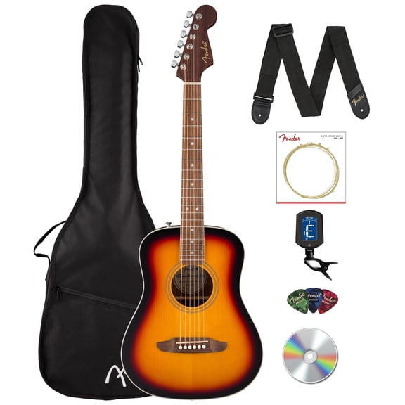Fender California Standard Redondo Mini Acoustic Guitar - 3 Color Sunburst Bundle with Gig Bag, Tuner, Strings, Strap, Picks, and Austin Bazaar Instructional DVD