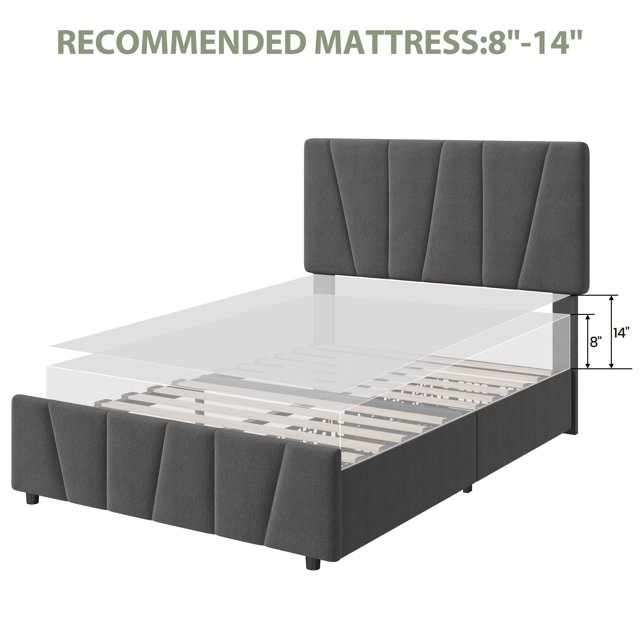 Cherish Cadre de Lit Taille Simple avec Tête de Lit Ajustable et 2 Tiroirs de Rangement, Plateforme Rembourrée