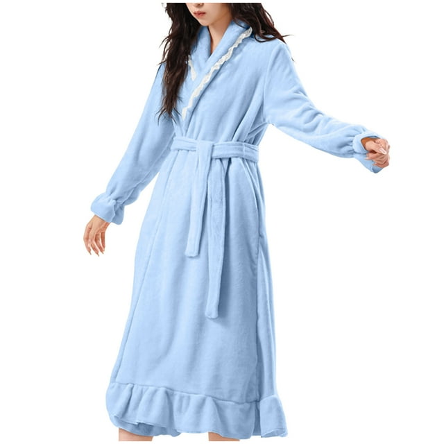 WRKEKC Womens Long Robes for Women Long Sleeve Solid Color Extended Warm Pockets Coral Fleece Ruffled Sleepwear Bathrobe