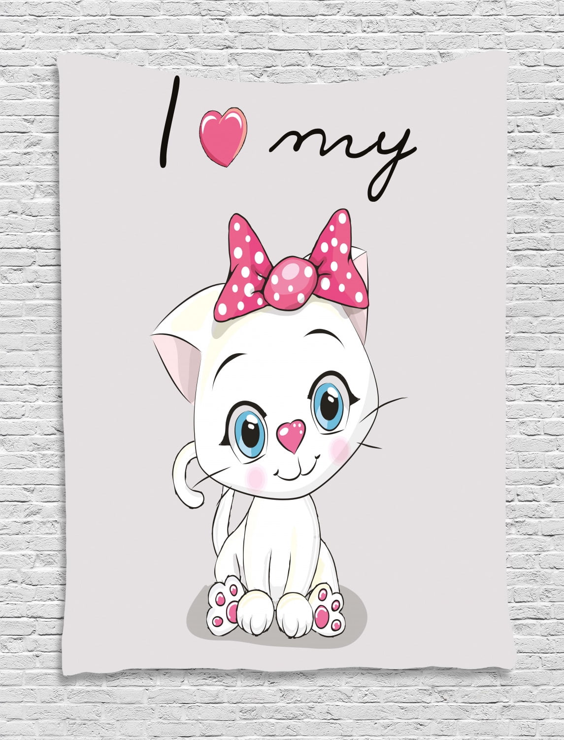 Kitten Tapestry Cute Cartoon Domestic White Cat Pink Cheeks Fluffy I Love My Pet Themed Print Wall Hanging For Bedroom Living Room Dorm Decor 40w X