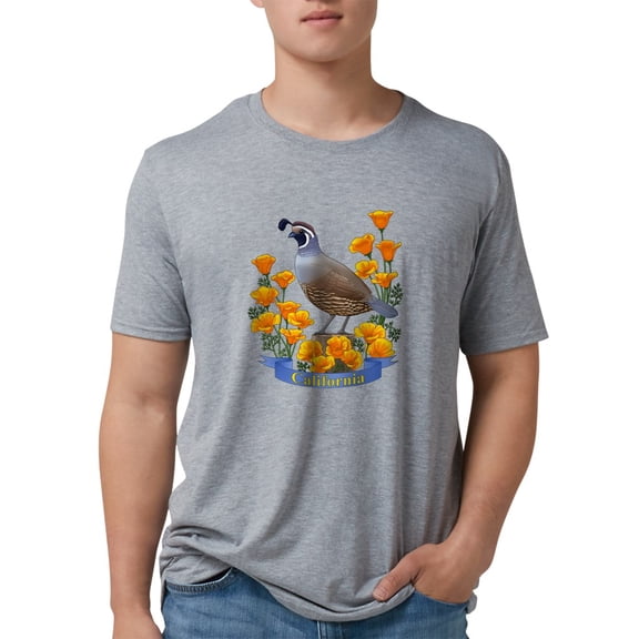CafePress - California Quail & Golden Poppy Men's Deluxe T Shi - Mens Tri-blend T-Shirt