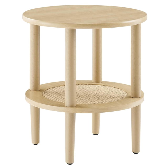 mesa auxiliar redonda table modway torus de madera de roble con ratán. Vista frontal centrada de mesa redonda de dos niveles con acabado roble claro; tablero superior de aglomerado y MDF, estante inferior de ratán con borde laminado de grano de madera, cuatro patas cilíndricas rectas y tapas de pies que no dejan marcas. Dimensiones: 19.5 pulg. de alto x 18.5 pulg. de ancho.