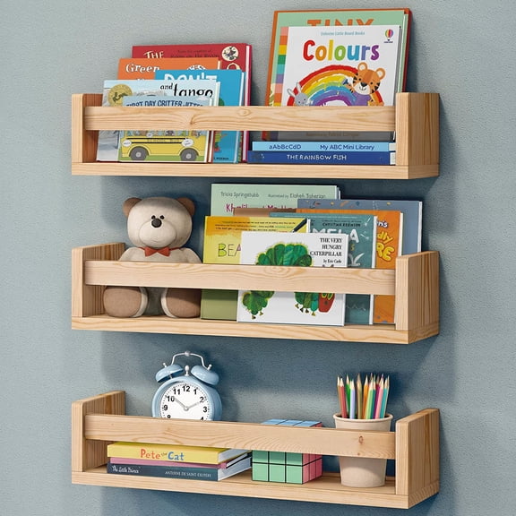 Nursery Book Shelves, Set of 3 Floating Bookshelves for Wall for Nursery Decor & Playroom Decor, Bookshelf Kids, Baby Book Shelf Organizer (Natural Wood)
