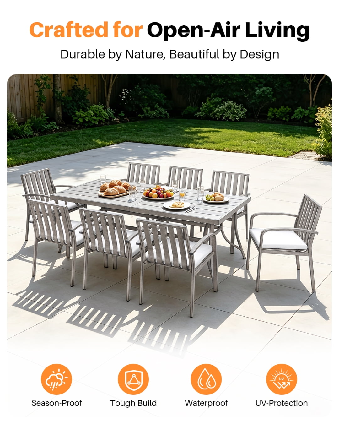 84" Outdoor Rectangle Dining Table for 8 with Umbrella Hole, Aluminum Sturdy Frame, Limed Oak