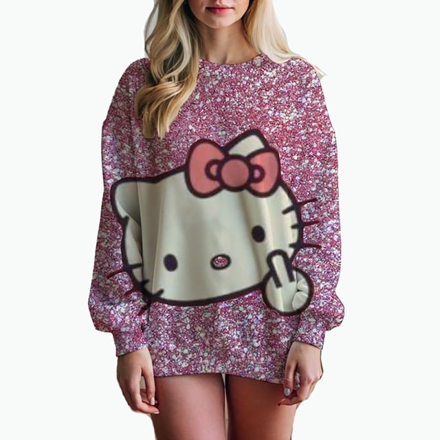 Sudadera con capucha informal holgada con estampado de Hello Kitty y grafiti de manga larga para mujer, primavera otoño 2024, sudaderas de cuello redondo de longitud media para mujer
