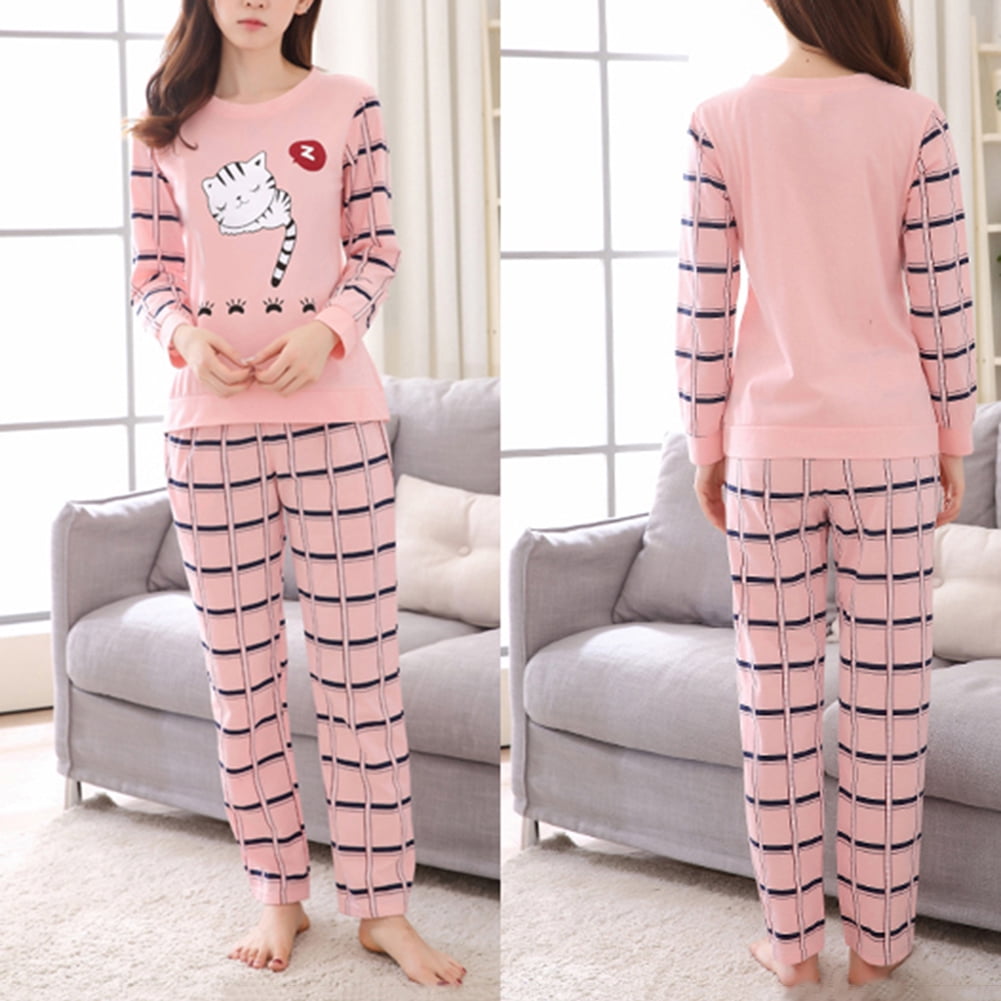Cheers Winter Cute Cartoon Cat Print Pajama Set Women Two Pieces Long Sleeve Sleepwear Other