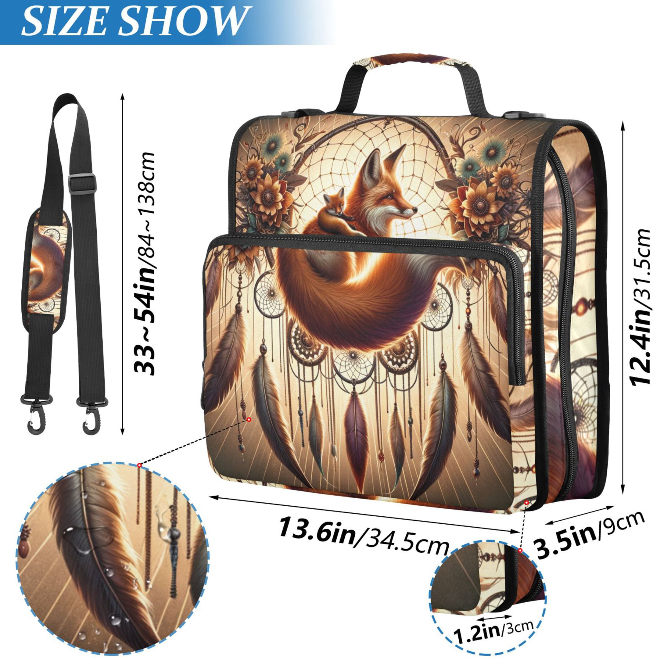 3 Ring Zipper Binder with Shoulder Strap Waterproof Trapper Keeper 2 Inch D-Ring 500 Sheets Capacity Foxes Flower Ring Feathers