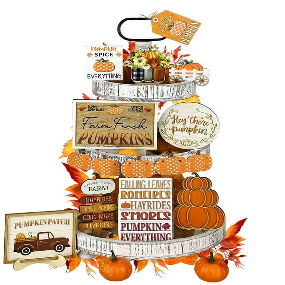 Fall Thanksgiving Tiered Tray Decor Fall Kitchen Table Decor Pumpkin Maple Sign Rustic Farmhouse Hello Fall Wood Tabletop Sign for Autumn Party Favors Design1