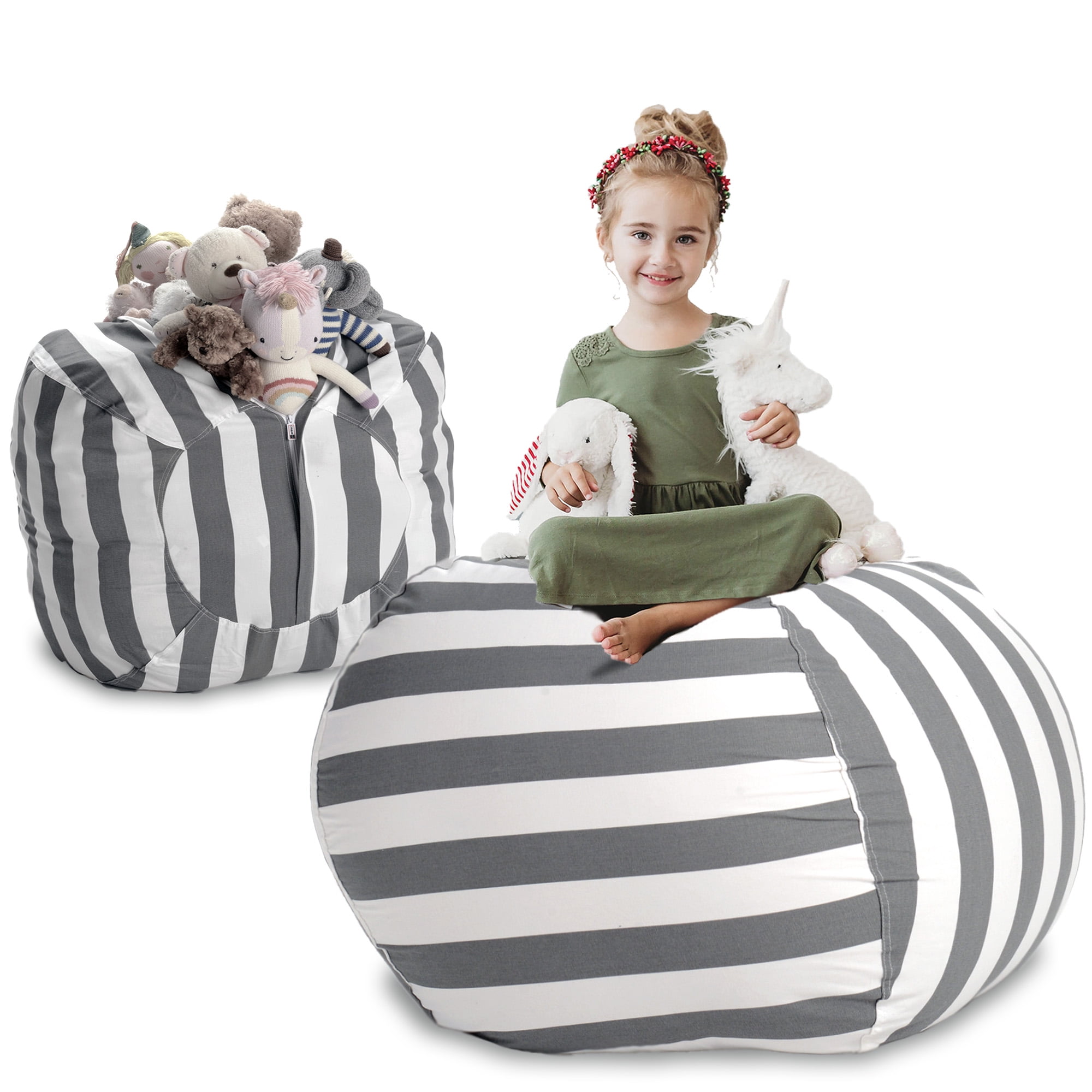 Fits a Lot of Stuffed Animals Stuffed Animal Storage Bean Bag Chair Bean Bag Cover for Organizing Kid’s Room Large/Gray Stripe 