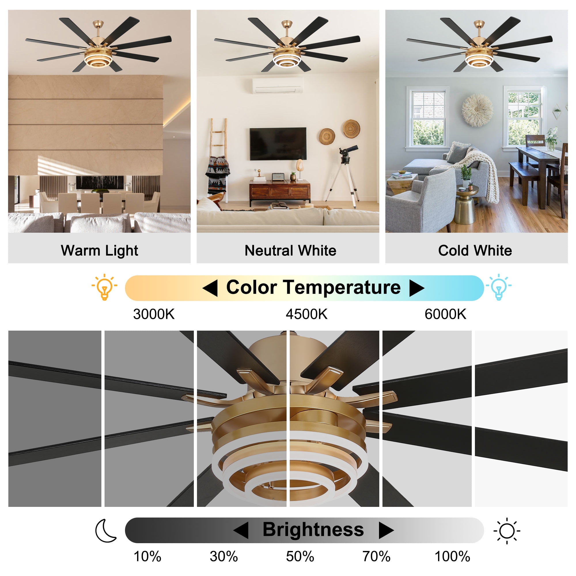 Bella Depot 72" Modern LED Gold Ceiling Fan 6-Speed Reversible DIY Shape Chandelier With Dimmable Light and Remote Control
