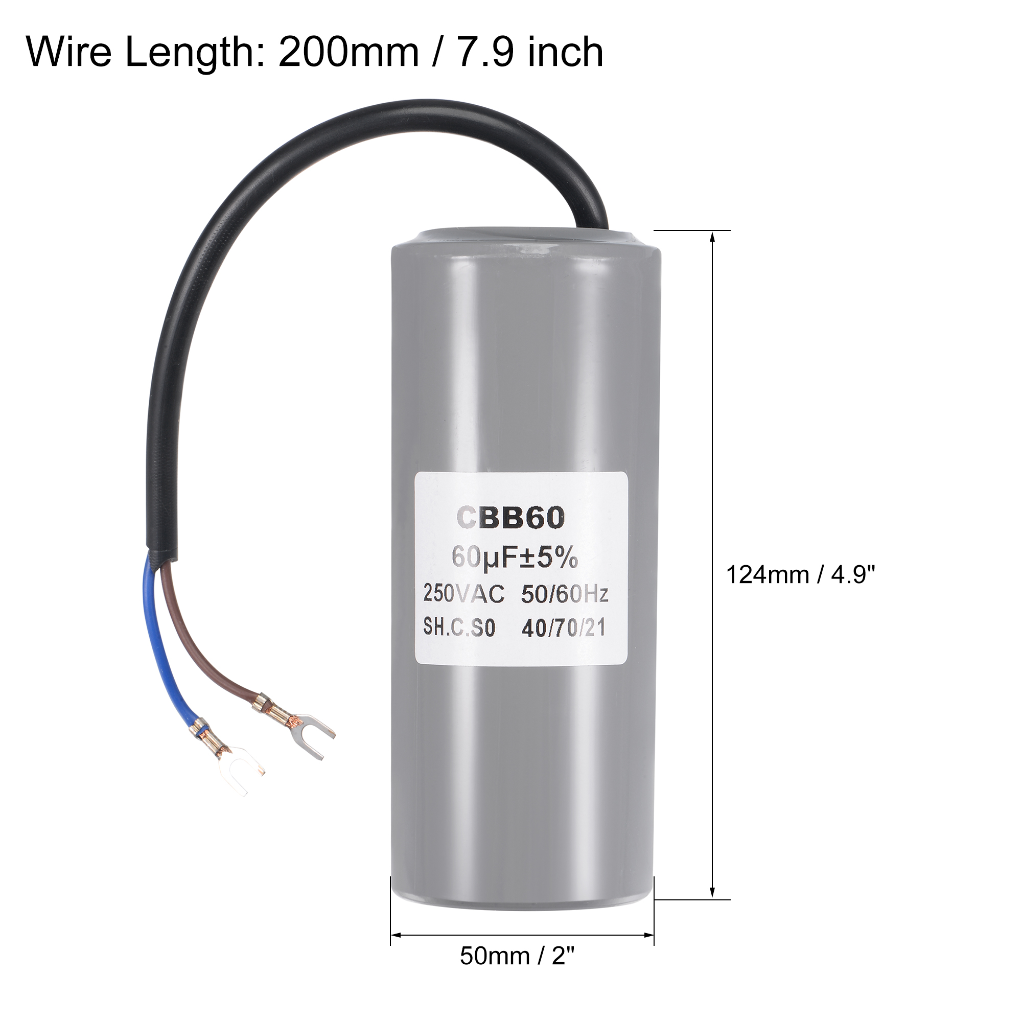 Uxcell 124x50mm 60uF 250V AC 50/60Hz 2 Wires with Terminal CBB60 Run Capacitor