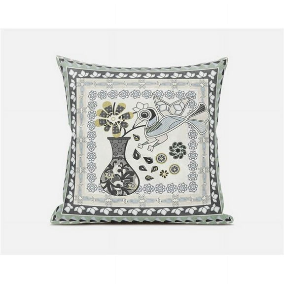 Love Your Vase Peacock Indoor/Outdoor Pillow with Removable Cover in Cream Black Gray16x16