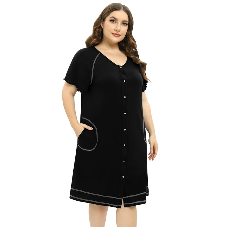 WBQ Women s Nightshirt Short Sleeve Button Down Sleepshirts V Neck Nightgown Plus Size Pajama Dress Sleepwear Walmart