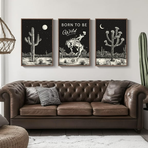 UNFFRAMED Luvia Set of 3 Modern Western Poster, Black and White Southwestern Desert Cowboy Cactus Artwork Prints for Living Room Bedroom Decor Set 3 Prints 8x12