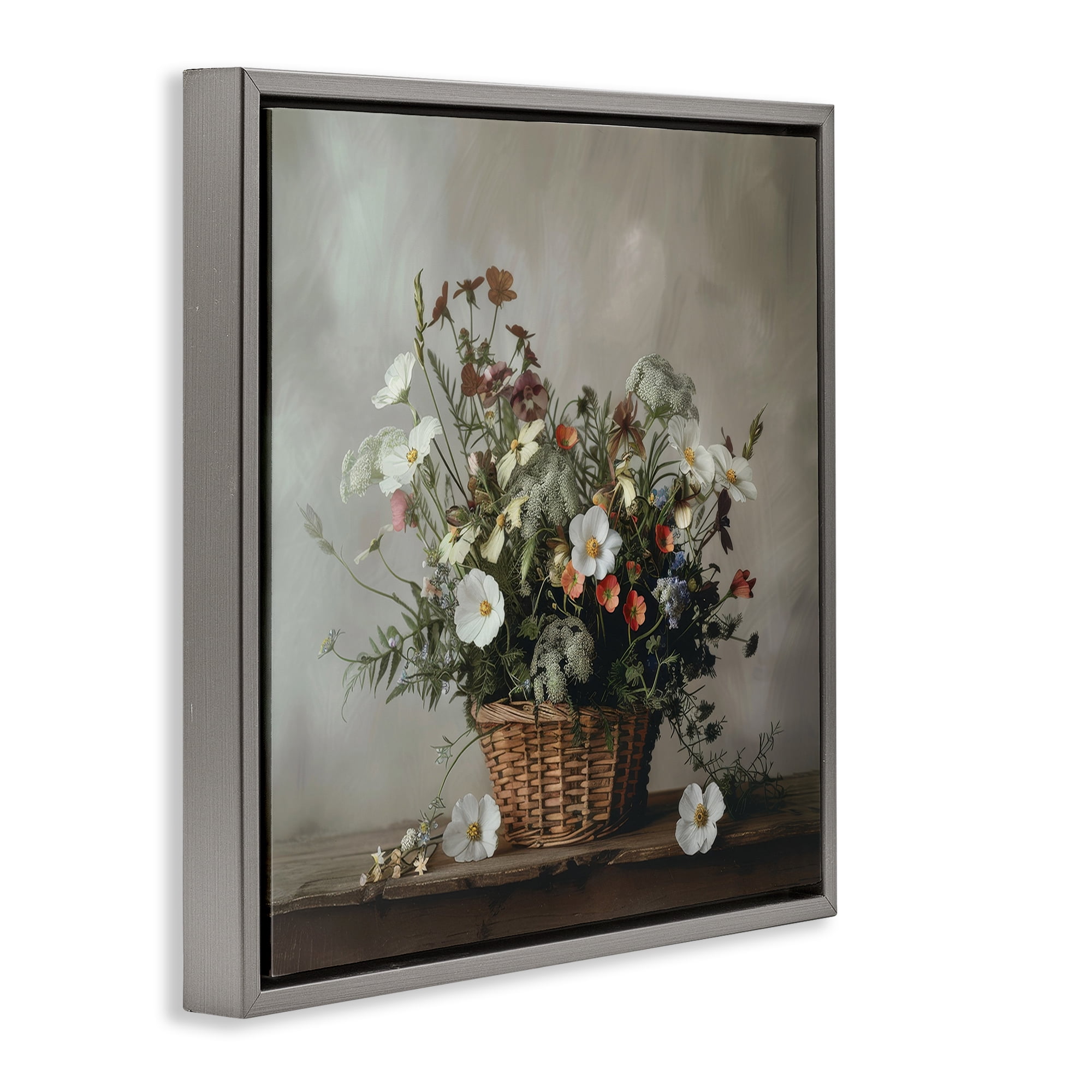 Stupell Industries Flowers In A Basket Arrangement Gray Framed Floater Canvas Wall Art, design by Lazar Studio