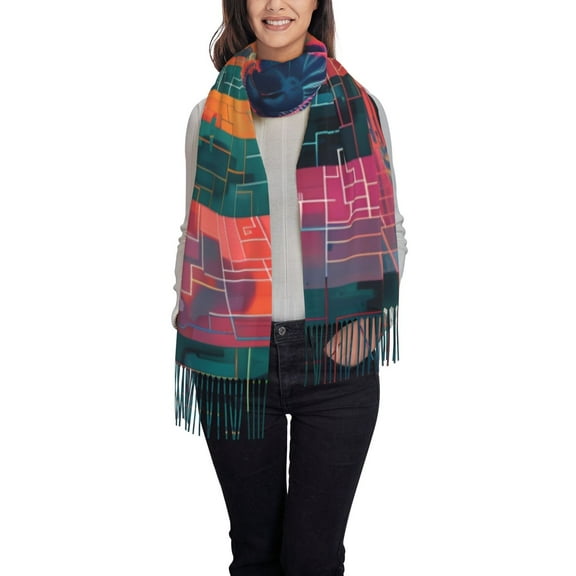 Rateoe Neon Rabbit In Archway Women's Traditional Scarf Wrap Tassel Shawl Fringes Neck Head Shawl Retro Scarf