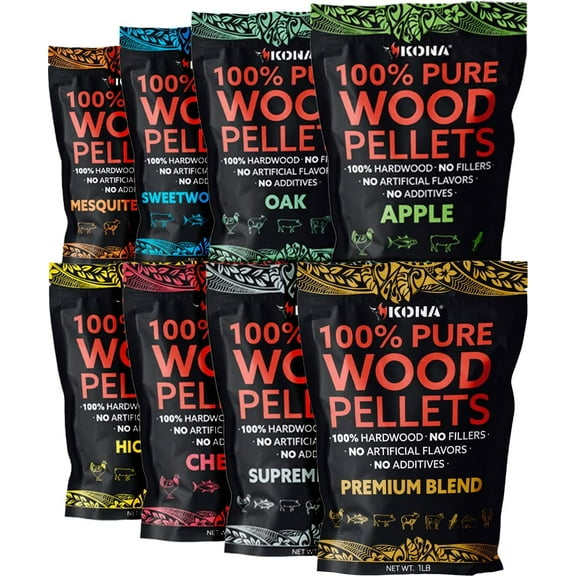Kona Wood Pellets All Variety Pack, Intended for Ninja Woodfire Outdoor Grill, Wood Fire Oven & Smoker, 8, 1lb Resealable Bags