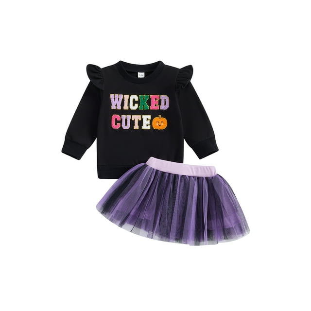 Gupgi Baby Toddler Girls Halloween Outfits Pumpkin Print Pullover Tutu Skirt 2Pcs Fall Outfit Set