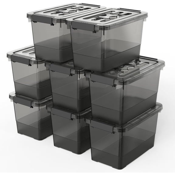 8-Pack Clear Black Plastic Storage Bins with Lids and Handles, 7 Quart Stackable Organizer Boxes