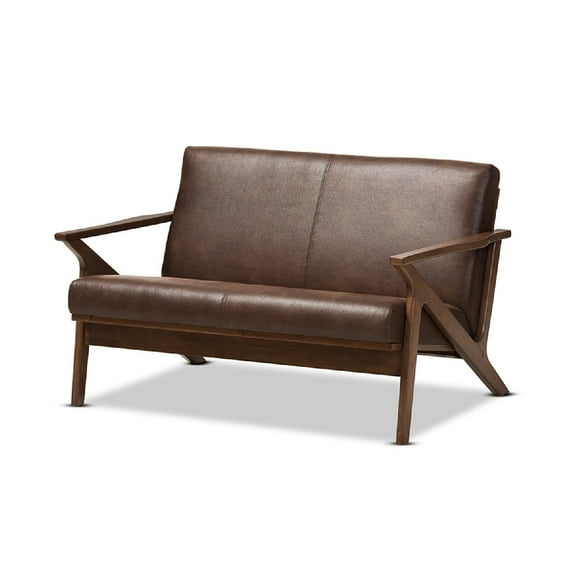 Baxton Studio Bianca Mid-Century Modern Walnut Wood Dark Brown Distressed Faux Leather 2-Seater Loveseat