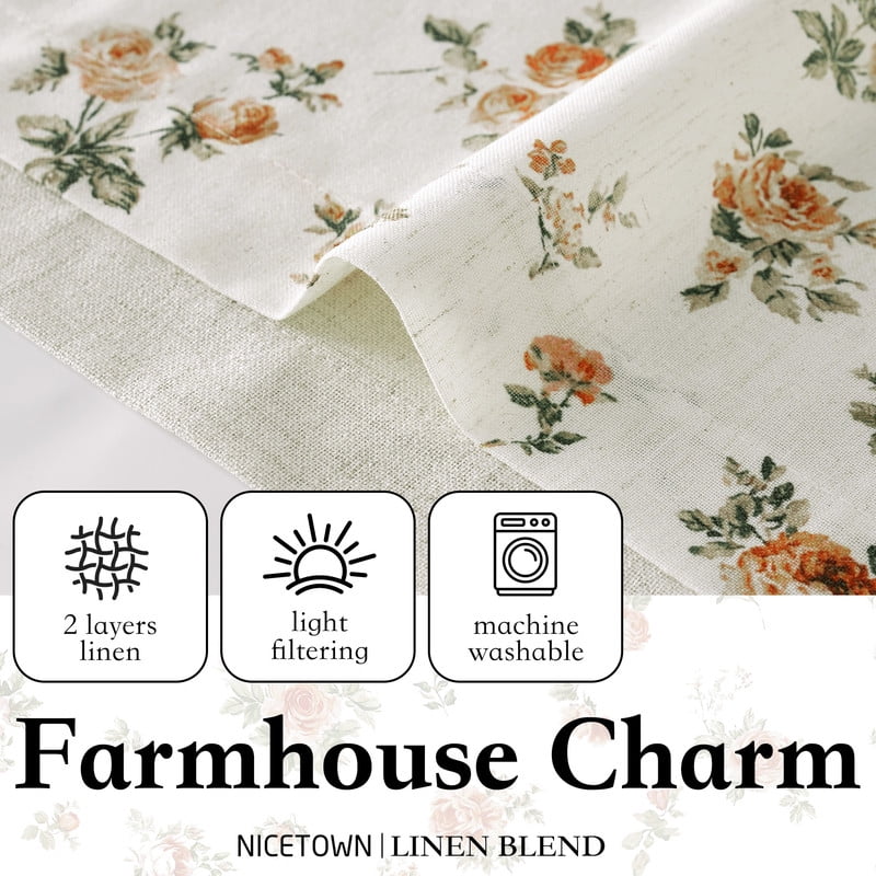 NICETOWN Floral kitchen valances for windows, Double Layer Linen Valance Curtains Rod Pocket Farmhouse Semi Sheer Light Filtering Linen Curtains for Bedroom Living Room, Yellow, 52"x18", 1 Panel