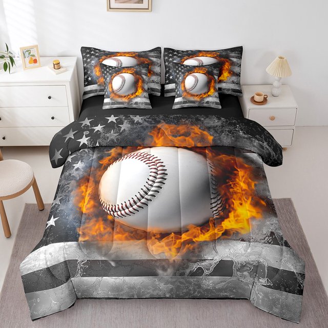 Erosebridal 3D Baseball Print Bedding Queen Comforter Set, US Flag Down Comforter, Fire Decor, Reversible 7-Piece