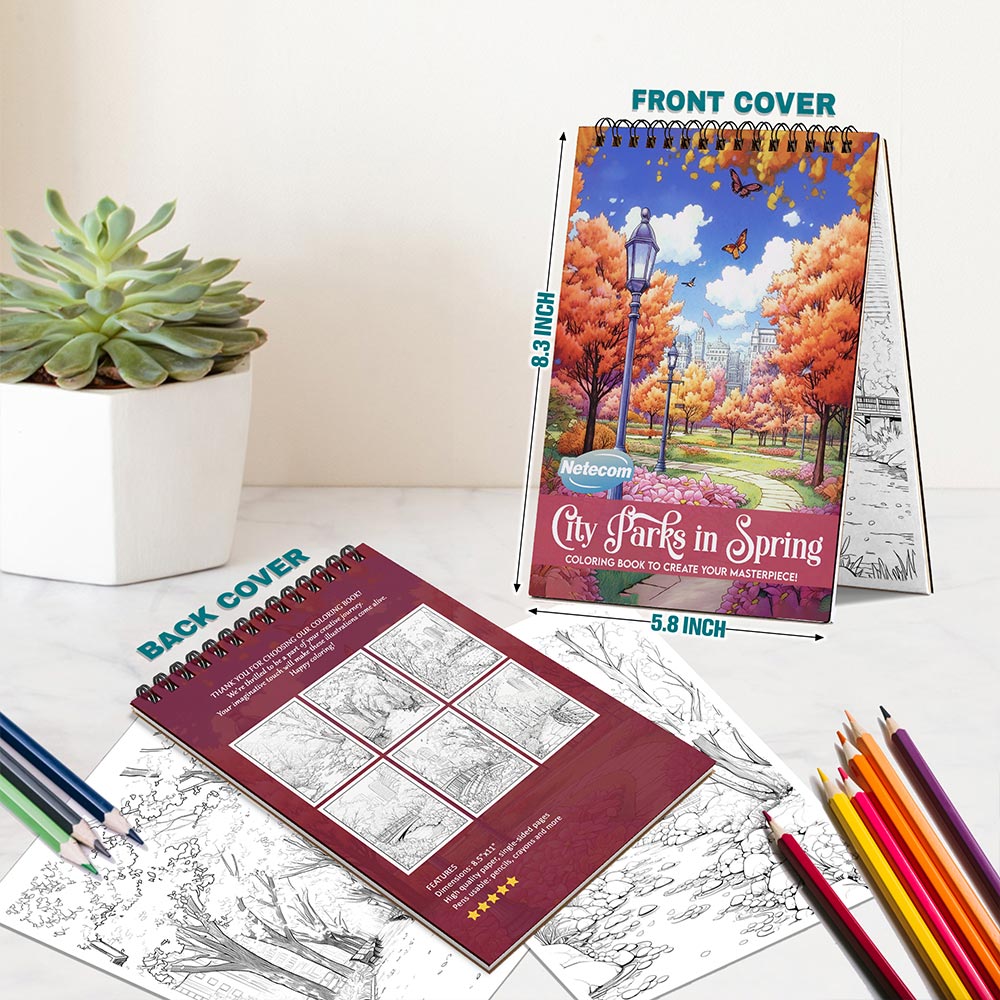 Netecom City Parks in Spring Coloring Book Spiral Bound for Adults, A5 Wooden Cover, 30 Vibrant Coloring Pages of Springtime Bliss in City for Stress Relief and Relaxation