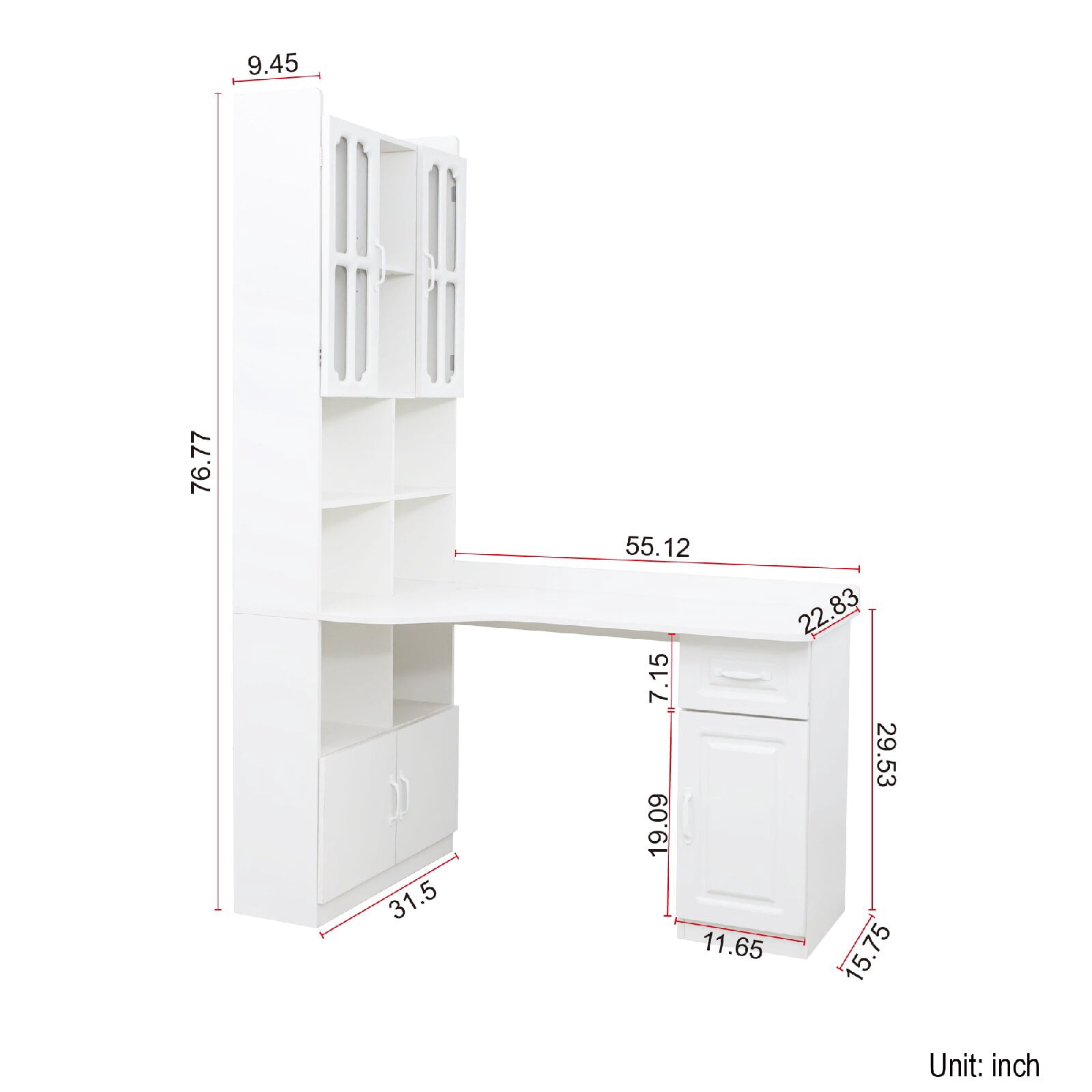 L-Shaped Corner Computer Desk for Home Office or Study desk, Study Modern Style Table with Drawers, Bookshelf & Hutch, 2-in-1 L-Shaped Design, Large Working Space, White